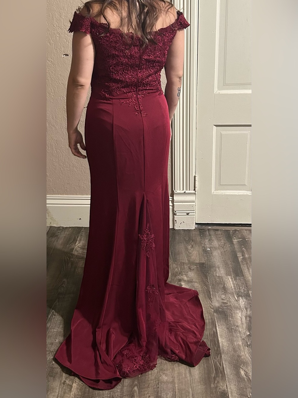 Elegant Off-Shoulder Wine Lace Evening Gown